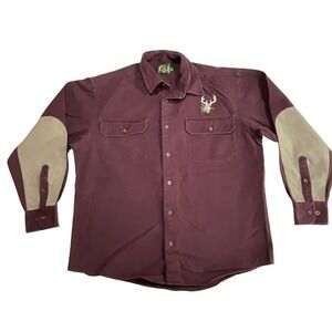 Cabelas Men Size L Burgundy‎ Outdoor Button Shirt Deer Embroidery Patch Pockets